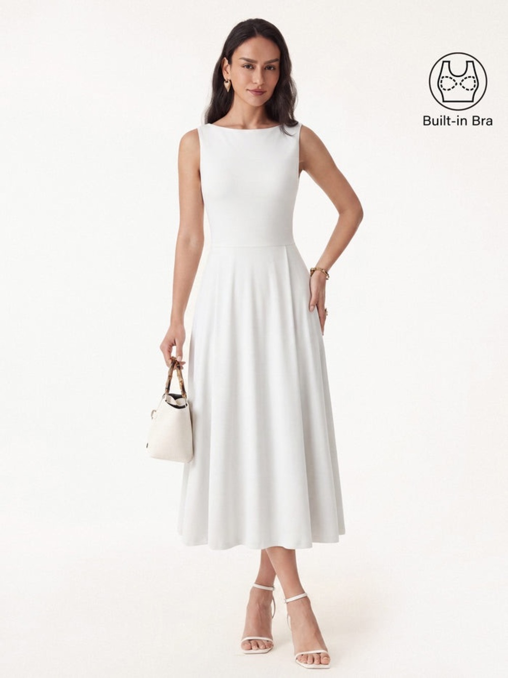OGL Boatneck Bamboo Ponte Bra Midi Dress with Pockets in White size Large. NWT